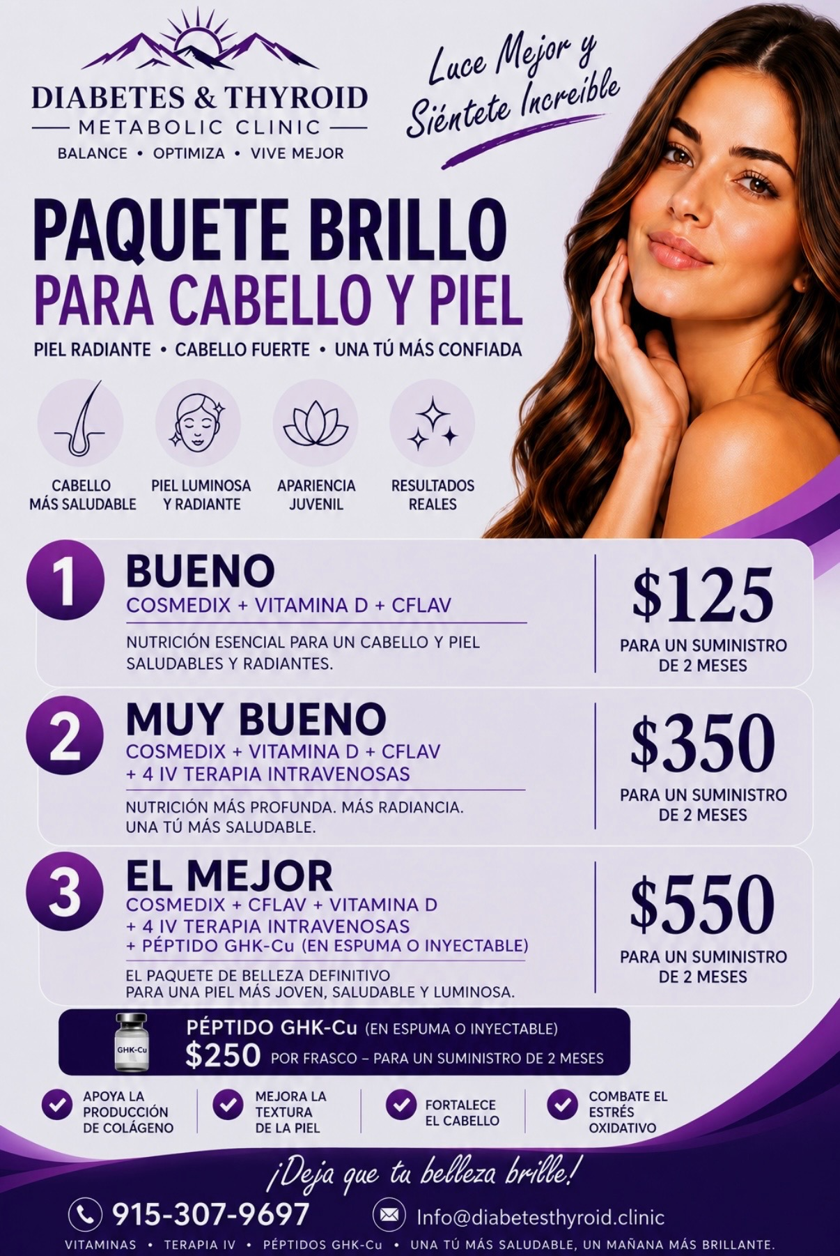 Paquete de brillo para cabello y piel en español con opciones y precios para dos meses