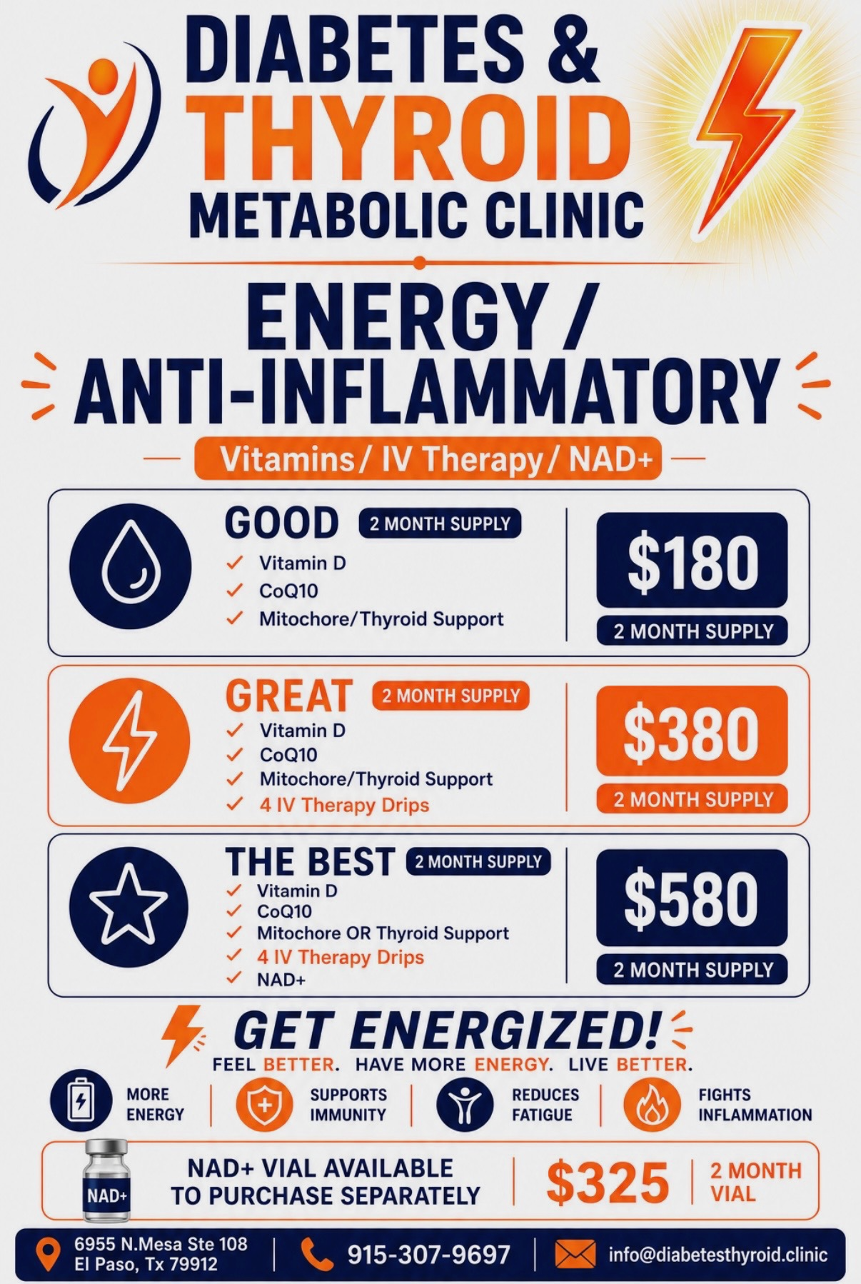 Energy and anti-inflammatory packages in English with options and pricing