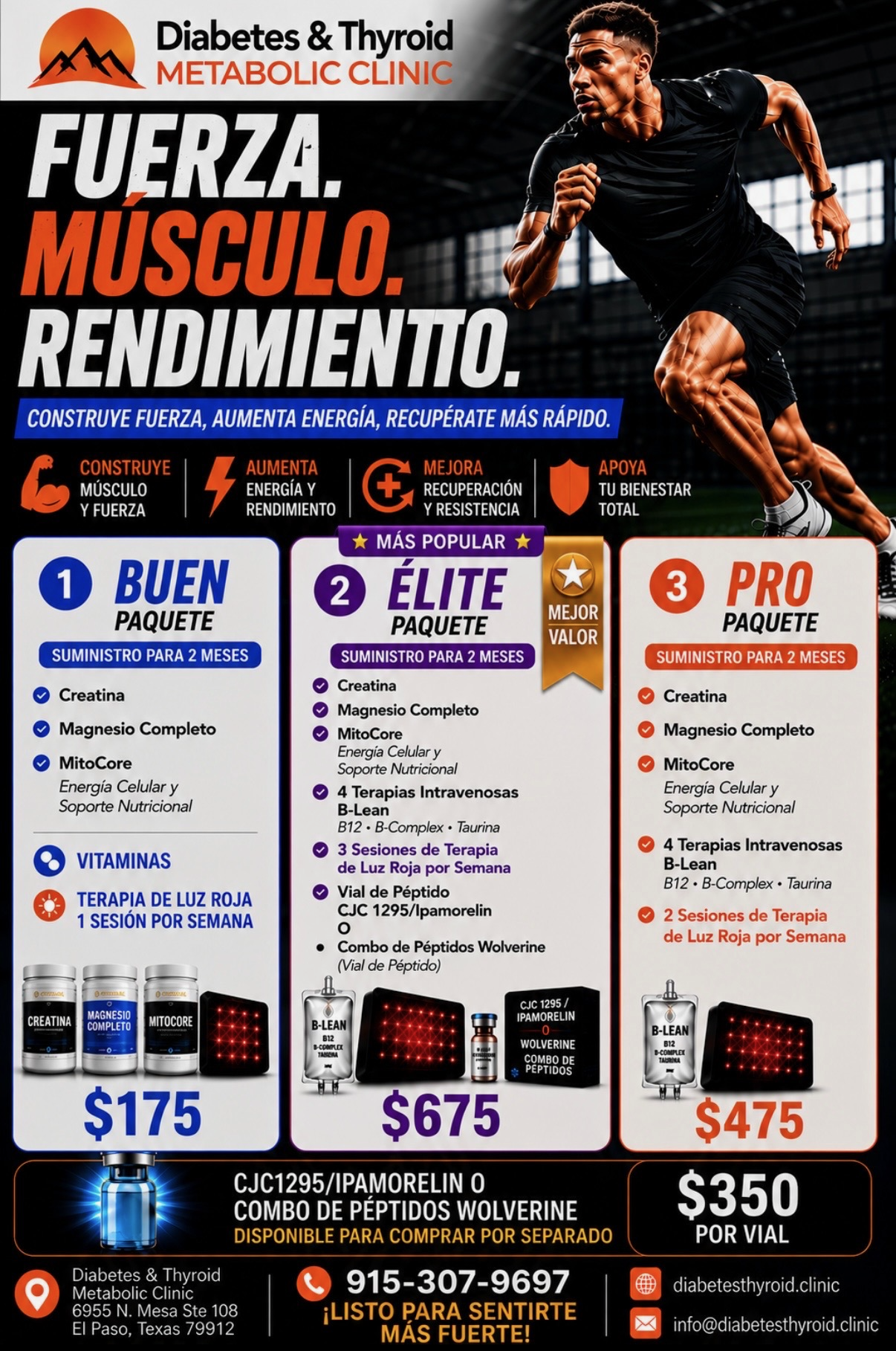 Paquete de fuerza, músculo y rendimiento en español con tres opciones y precios